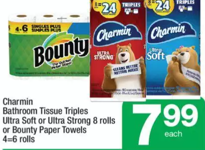 Charmin Bathroom Tissue Triples Ultra Soft or Ultra Strong 8 rolls or Bounty Paper Towels